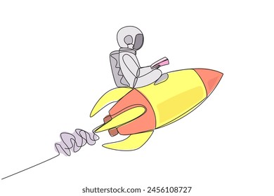 Continuous one line drawing astronaut flying on a rocket reading book. Always reading books anywhere. The book inspires to become scientist. Book festival. Single line draw design vector illustration