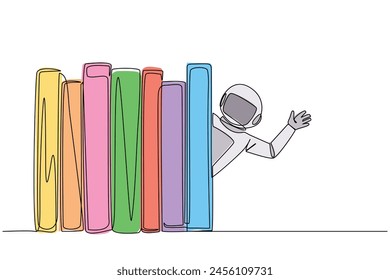 Continuous one line drawing astronaut appears from behind a row of books. Invitation to read books at library. Like to reading book. Book festival concept. Single line draw design vector illustration