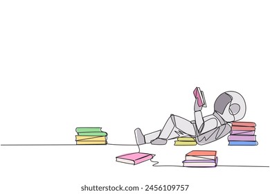 Continuous one line drawing astronaut lying down reading a book. Lots of books scattered around. Hobby reading. Space book festival concept. Cosmic galaxy. Single line draw design vector illustration