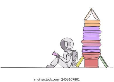 Continuous one line drawing astronaut sitting reading next to a pile of books shaped like rocket. Read the complete guide before expedition. Book festival. Single line draw design vector illustration