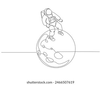 Continuous one line drawing of astronaut on the moon. One line drawing illustration of astronaut exploring outer space. Cosmic galaxy discovery concept continuous line art. Editable outline.