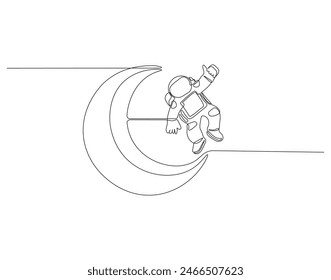 Continuous one line drawing of astronaut on the moon. One line drawing illustration of astronaut exploring outer space. Cosmic galaxy discovery concept continuous line art. Editable outline.