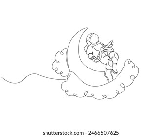 Continuous one line drawing of astronaut on the moon. One line drawing illustration of astronaut exploring outer space. Cosmic galaxy discovery concept continuous line art. Editable outline.
