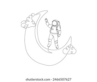 Continuous one line drawing of astronaut on the moon. One line drawing illustration of astronaut exploring outer space. Cosmic galaxy discovery concept continuous line art. Editable outline.