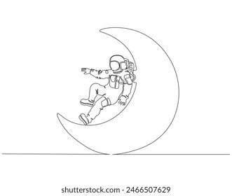 Continuous one line drawing of astronaut on the moon. One line drawing illustration of astronaut exploring outer space. Cosmic galaxy discovery concept continuous line art. Editable outline.