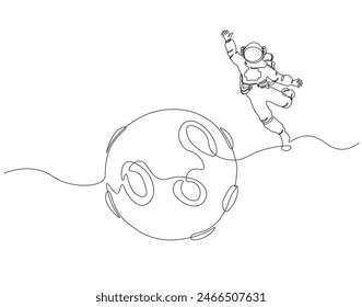 Continuous one line drawing of astronaut on the moon. One line drawing illustration of astronaut exploring outer space. Cosmic galaxy discovery concept continuous line art. Editable outline.