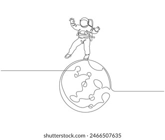 Continuous one line drawing of astronaut on the moon. One line drawing illustration of astronaut exploring outer space. Cosmic galaxy discovery concept continuous line art. Editable outline.