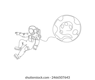 Continuous one line drawing of astronaut on the moon. One line drawing illustration of astronaut exploring outer space. Cosmic galaxy discovery concept continuous line art. Editable outline.