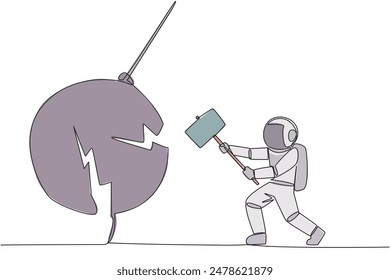 Continuous one line drawing astronaut preparing to hit big swinging pendulum. Metaphor eliminate business distraction. Number one to be a business keeper. Single line draw design vector illustration