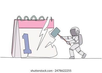 Continuous one line drawing astronaut preparing to hit the big desk calendar. Very angry expression. Lots of deadlines, holiday schedules become messy. Single line draw design vector illustration