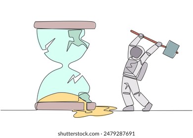 Continuous one line drawing astronaut preparing to hit the big hourglass. Remove reminders. Work without rules. Undisciplined. Detrimental to the company. Single line draw design vector illustration