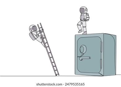 El astronauta de dibujo continuo de una línea patea al oponente que está subiendo la caja de seguridad con la escalera. Se cayó bruscamente. Guardar No se puede El rival. Ilustración vectorial de diseño de dibujo de una sola línea