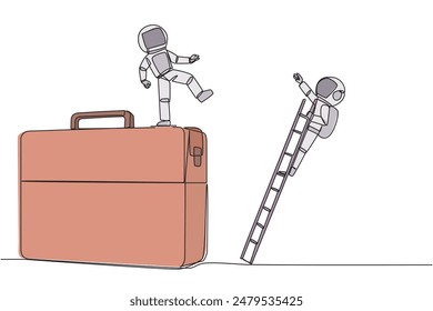 Continuous one line drawing astronaut kicks opponent who climbing the briefcase with a ladder. Keep away from intruders who disturb business trips. Rival. Single line draw design vector illustration