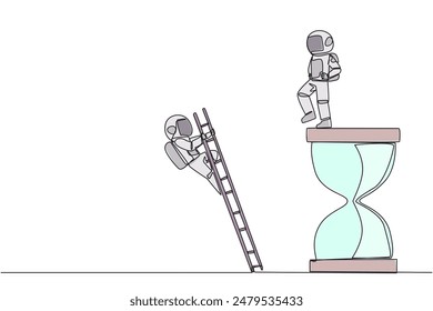 El astronauta de dibujo continuo de una línea patea al oponente que sube el reloj de arena con una escalera. No es capaz de completar bien los plazos. Se cayó bruscamente. Rival. Ilustración vectorial de diseño de dibujo de una sola línea