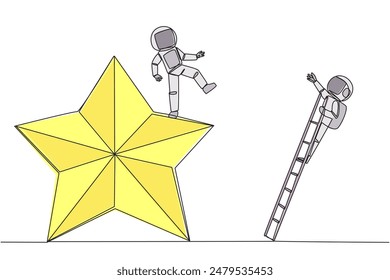 Continuous one line drawing astronaut kicks opponent who is climbing the star with the ladder. Dropping opponents from achieving the same dream. The rival. Single line draw design vector illustration