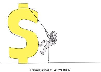 Continuous one line drawing astronaut climbs dollar symbol with rope. Metaphor looking for extra money because of high needs. Smart work combined with hard work. Single line design vector illustration