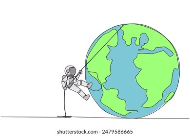 Continuous one line drawing astronaut climbing globe with rope. Trying dominate the world with massive business expansion. Success reach top of the world. Single line draw design vector illustration