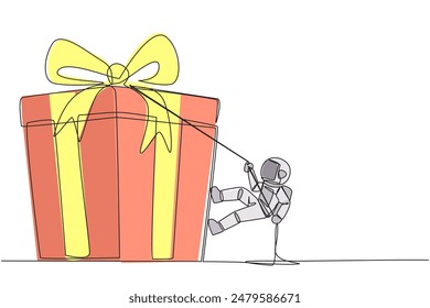 Caja de regalo de escalada de astronauta de dibujo de una línea continua con cuerda. Luchar persistentemente para lograr la recompensa deseada. Trabajo duro. Trabajo sincero. Trabaja con inteligencia. Ilustración vectorial de diseño de dibujo de una sola línea
