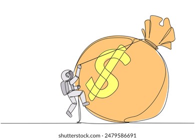 Continuous one line drawing astronaut climbing money bag with rope. Work harder to get a very large retirement fund. Bring out abilities to the maximum. Single line draw design vector illustration