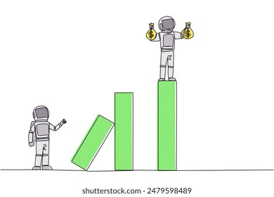 Continuous one line drawing the astronaut standing on the bar lifting money bag. Fake partner. The envy friend. Sabotage happiness. The traitor on office. Single line draw design vector illustration