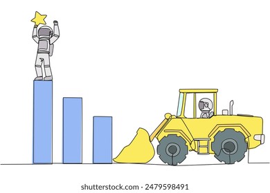 Continuous one line drawing astronaut standing on the highest bar raising a star. Bulldozer ready to destroy the happiness. Betrayal. Fake friends. Traitor. Single line draw design vector illustration