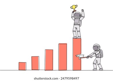 El astronauta de dibujo continuo de una línea logra los más altos honores. El hipócrita al que no le gusta la felicidad de un socio. Espina en la carne. Traidor. Ilustración vectorial de diseño de dibujo de una sola línea