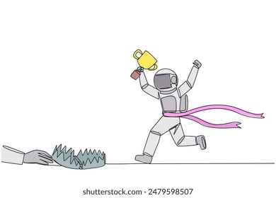 Continuous one line drawing astronaut running with trophy. Dangerous business trap. A trap that really brings down a business. Fake friend. Traitor. Rival. Single line draw design vector illustration