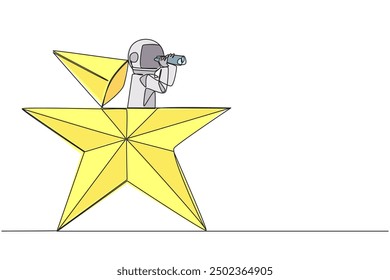 Continuous one line drawing astronaut emerges from star shape look for something through binoculars. Reach dream of space once again. Full of determination. Single line draw design vector illustration