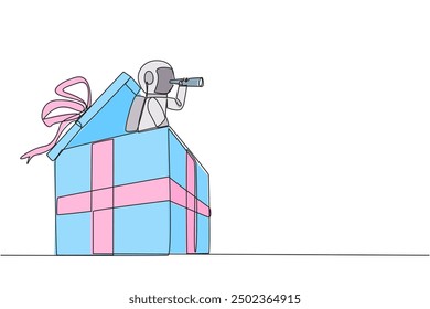 Continuous one line drawing astronaut emerges from gift box looking for something through binoculars. Determine the best souvenirs to bring home to earth. Single line draw design vector illustration