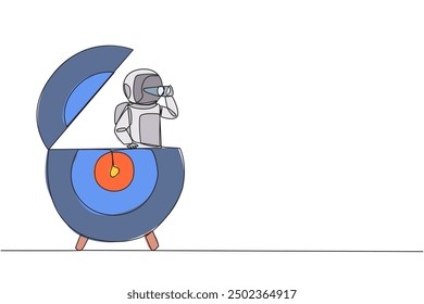 Continuous one line drawing astronaut emerges from arrow target board look for something with binocular. Invite to focus on observation to quickly return to earth. Single line draw vector illustration