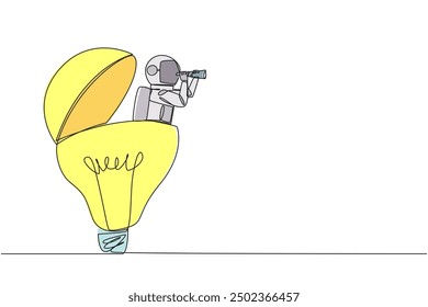 Continuous one line drawing astronaut emerges from lightbulb look for something with binocular. Collecting best ideas for to do during a lunar expedition. Single line draw design vector illustration