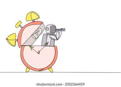 Continuous one line drawing astronaut emerges from alarm clock looking for something with binocular. An hour in space seemed too long. Miss family on earth. Single line draw design vector illustration