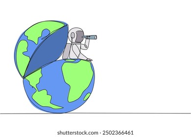 Continuous one line drawing astronaut emerges from globe look for something with binoculars. Highlight where the expedition located. Preparation from earth. Single line draw design vector illustration