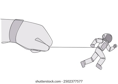 Continuous one line drawing astronaut run but stomach is tied. Small mistakes made when space expeditions. Can't escape. Must be responsible for everything. Single line draw design vector illustration