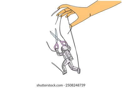 Continuous one line drawing astronaut walking moved by ropes controlled by giant hand. Untie with scissors. Must land on lunar surface. Expedition. Puppet. Single line draw design vector illustration