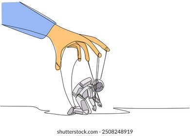 Continuous one line drawing astronaut kneel, entire body bound by rope controlled by giant hand. There is no hope for expedition to the moon. Like puppet. Single line draw design vector illustration