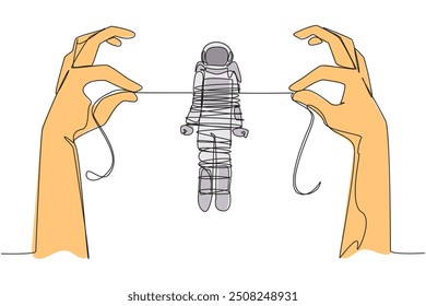 Continuous one line drawing astronaut standing and tied by a rope held by 2 giant hands. Become a prisoner. Hostage to fraud case. Failed space expedition. Single line draw design vector illustration