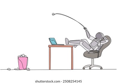 Continuous one line drawing astronaut sitting in a chair throwing wads of paper into trash. Discarding cooperation documents. No price match. Outer space. Single line draw design vector illustration