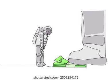 Continuous one line drawing astronaut nodded in front of giant foot stepping on stack of banknotes. Requesting additional expedition funds. Cosmic concept. Single line draw design vector illustration