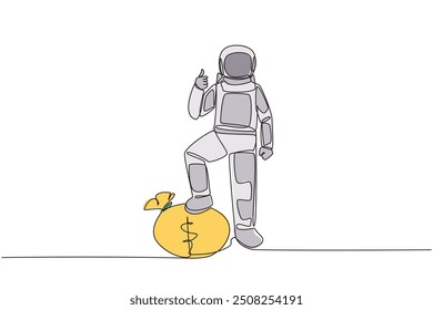 Continuous one line drawing astronaut stands with thumbs up pose and steps on money bag with one of foot. Give ready sign for expedition. Cosmonaut space. Single line draw design vector illustration