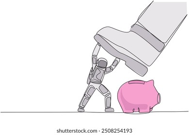 Continuous one line drawing astronaut holds back giant foot wants to step on piggy bank. Precautions not to disrupt preparations for space expeditions. Single line draw design vector illustration