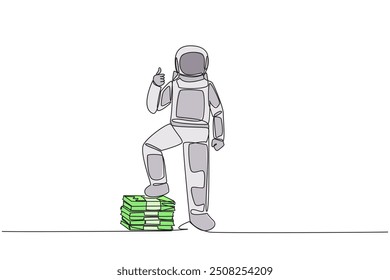 Continuous one line drawing astronaut stands with thumbs up pose and steps on stack of banknotes with one of foot. Get important expedition sponsors. Space. Single line draw design vector illustration