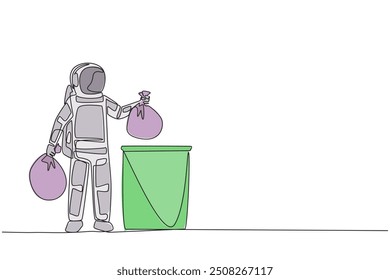 Continuous one line drawing astronaut puts trash bag in trash can. Environmental care. Throw garbage in its place. Cosmonaut. Cosmic galaxy deep space. Single line draw design vector illustration