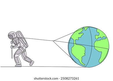 Continuous one line drawing astronaut struggled to pull globe. Earth is always peaceful and beautiful is anyone's dream. Cosmonauts guard it from damage. Single line draw design vector illustration