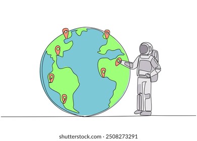 Continuous one line drawing astronaut places a pin location point on surface of globe. Mapping from space areas whose sustainability is urgently needed. Single line draw design vector illustration