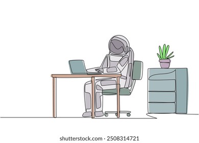 Continuous one line drawing astronaut sitting in work chair typing on a laptop with head tilted. Stretching. Eliminates stiffness in the neck. Too serious. Single line draw design vector illustration