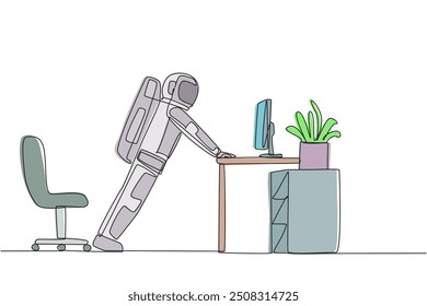 Una línea continua dibujando astronauta empuja hacia arriba los movimientos sosteniendo el borde de la mesa de trabajo. Entrenamiento muscular para mantenerse en forma. Preparándose para una expedición espacial. Ilustración vectorial de diseño de dibujo de línea única