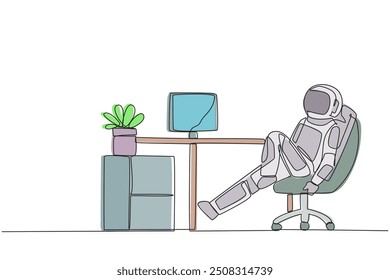 Continuous one line drawing astronaut sits in work chair with one of legs raised and folded. Relax. A daily activity plan for space expedition is done. Single line draw design vector illustration