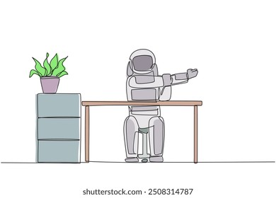 Continuous one line drawing astronaut sitting in a work chair with his arms crossed. Warm up seriously before continuing busy work. Cosmonaut outer space. Single line draw design vector illustration