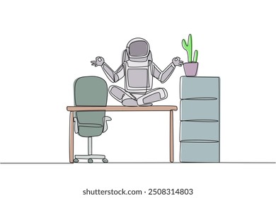 Continuous one line drawing astronaut sitting cross-legged on a work desk. Yoga in the workroom. Meditation for inspiration. Preparing for space expedition. Single line draw design vector illustration